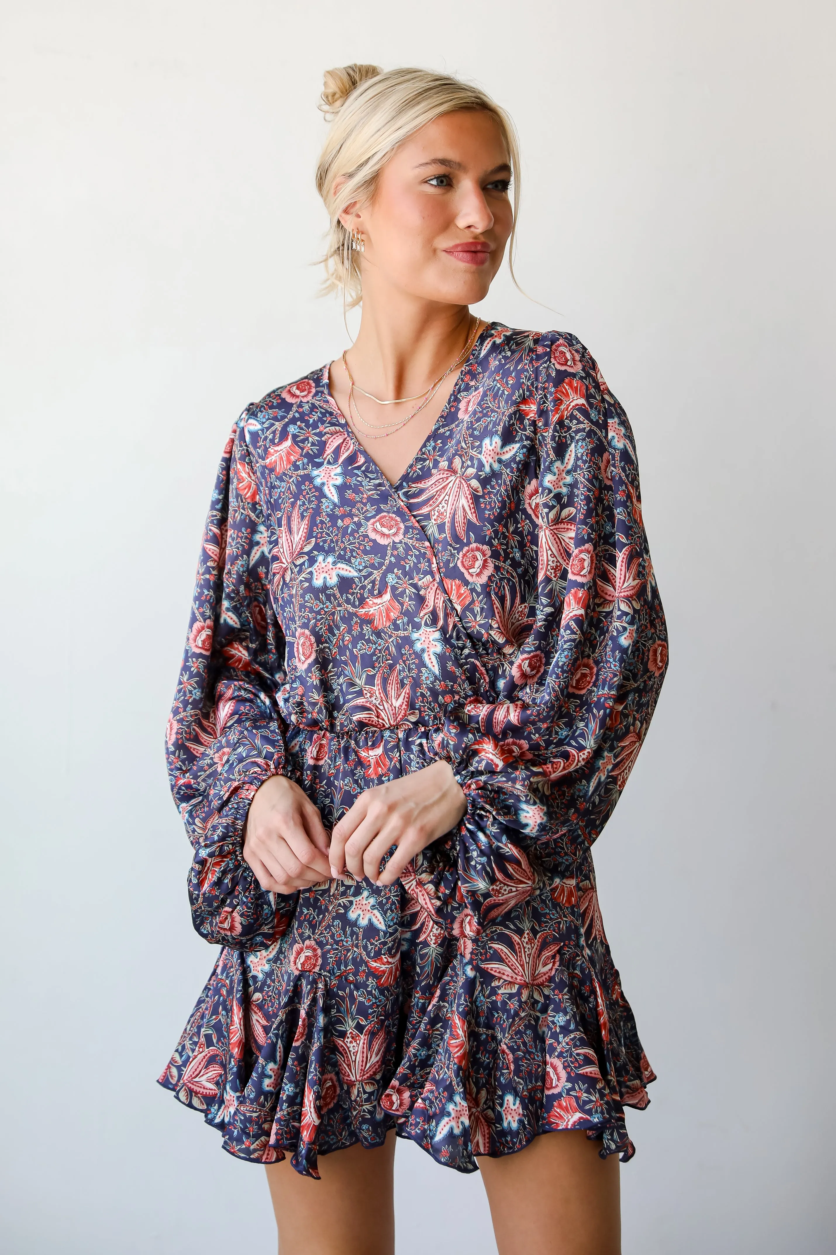 FINAL SALE - Feel The Romance Navy Satin Floral Romper