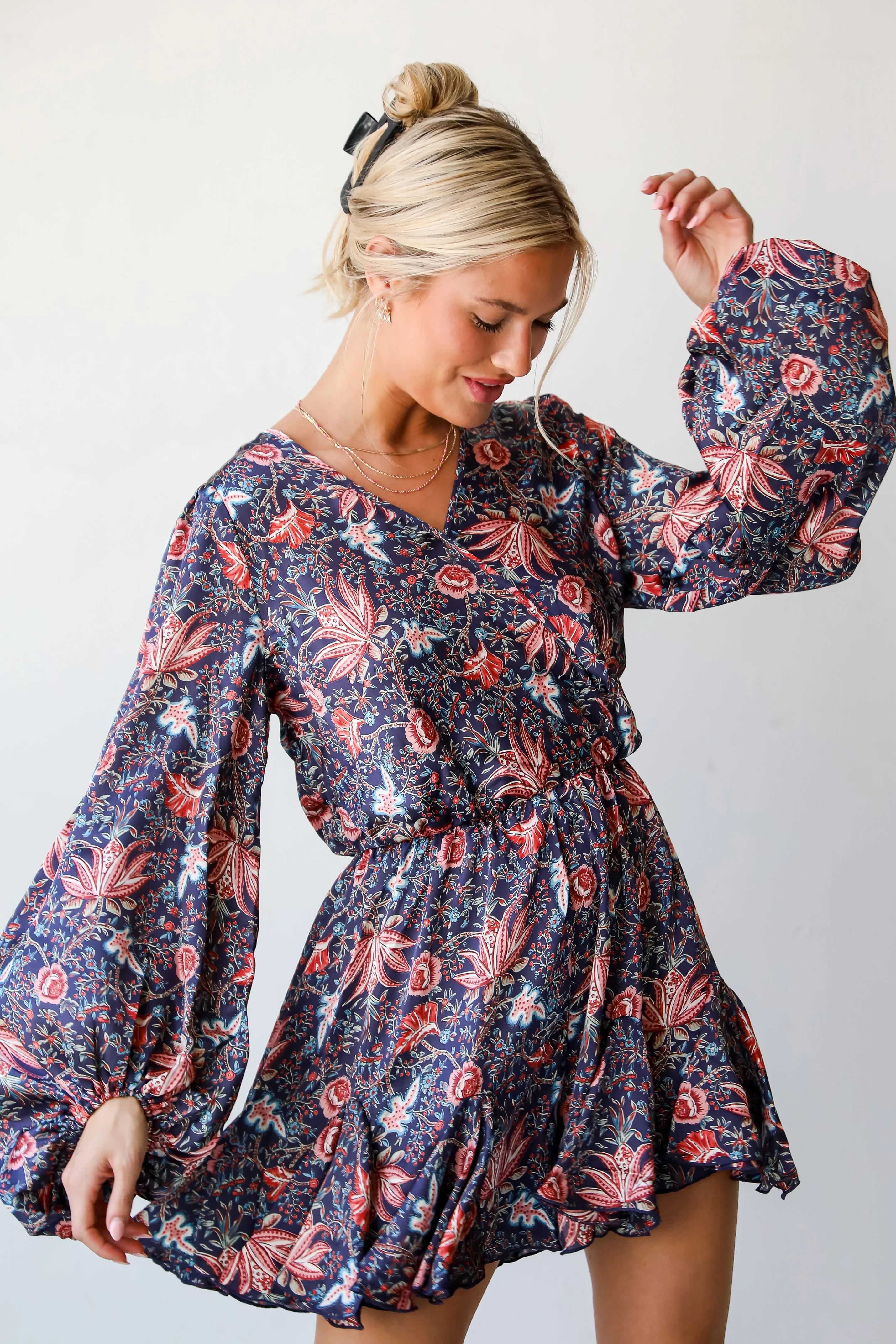 FINAL SALE - Feel The Romance Navy Satin Floral Romper