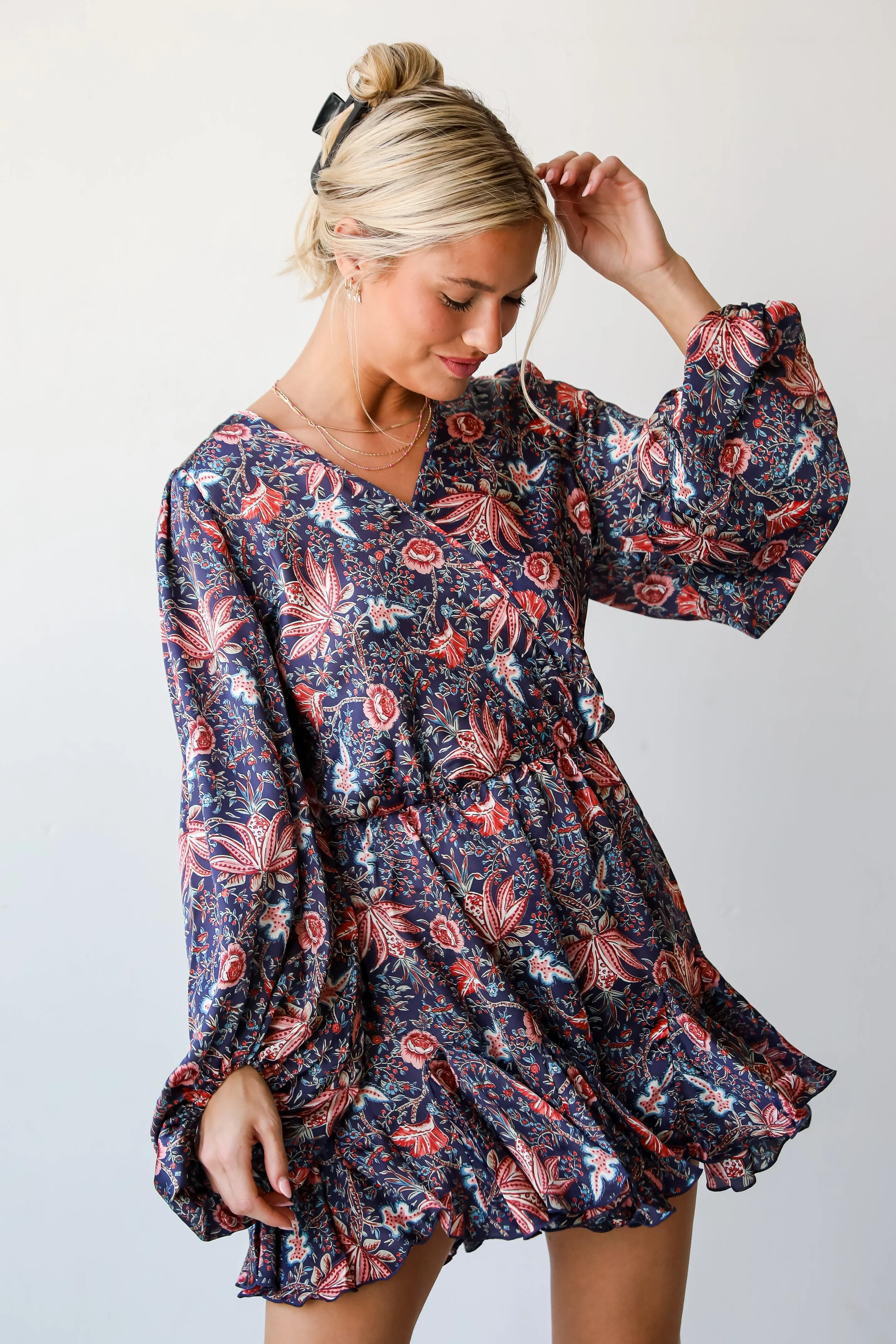 FINAL SALE - Feel The Romance Navy Satin Floral Romper