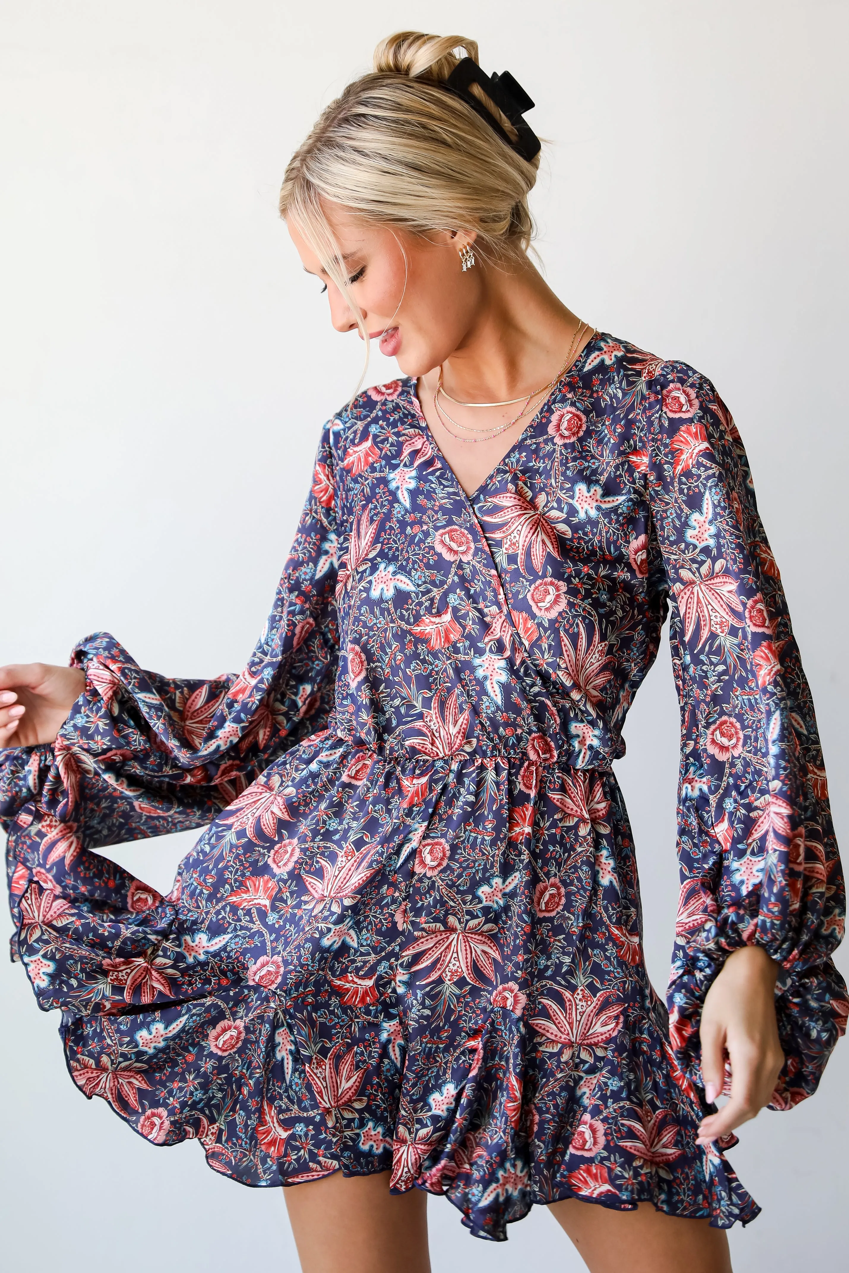 FINAL SALE - Feel The Romance Navy Satin Floral Romper