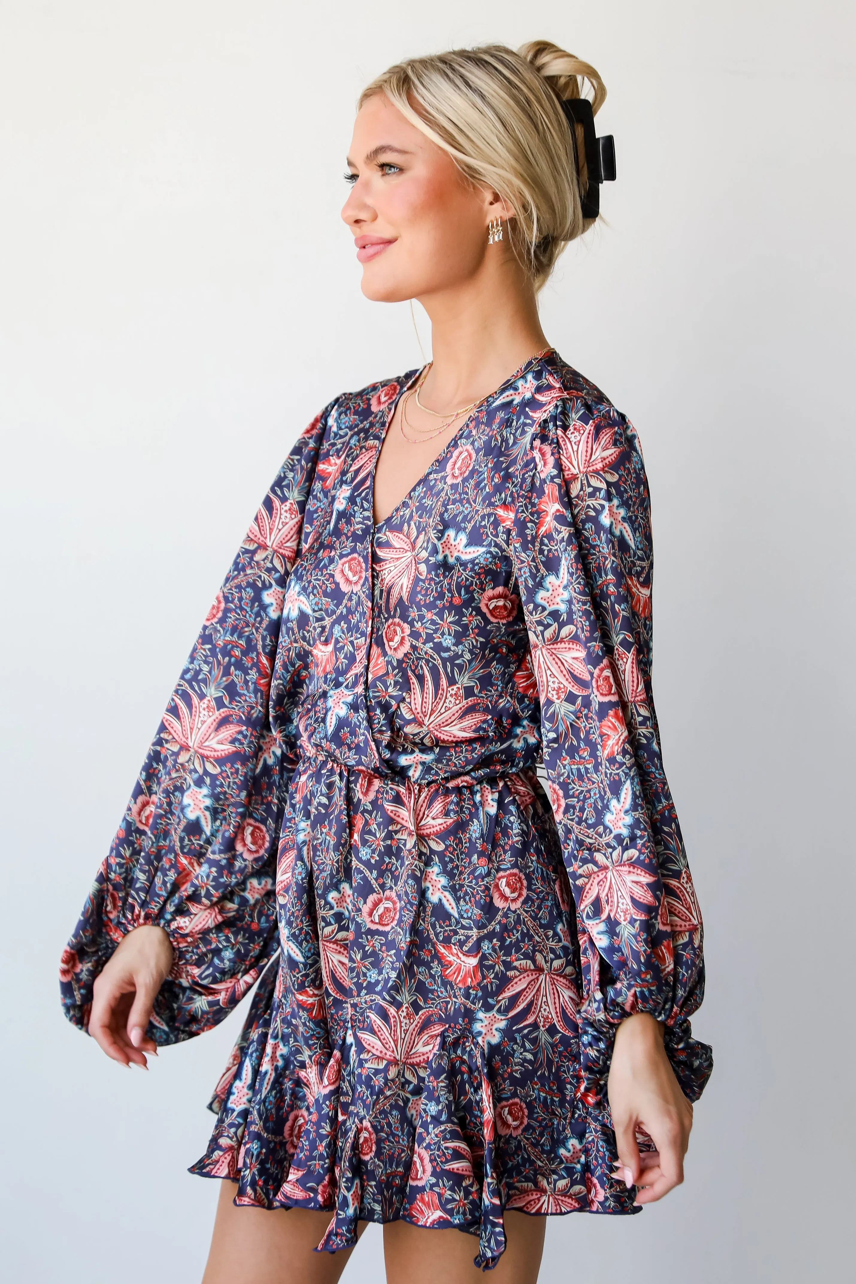 FINAL SALE - Feel The Romance Navy Satin Floral Romper