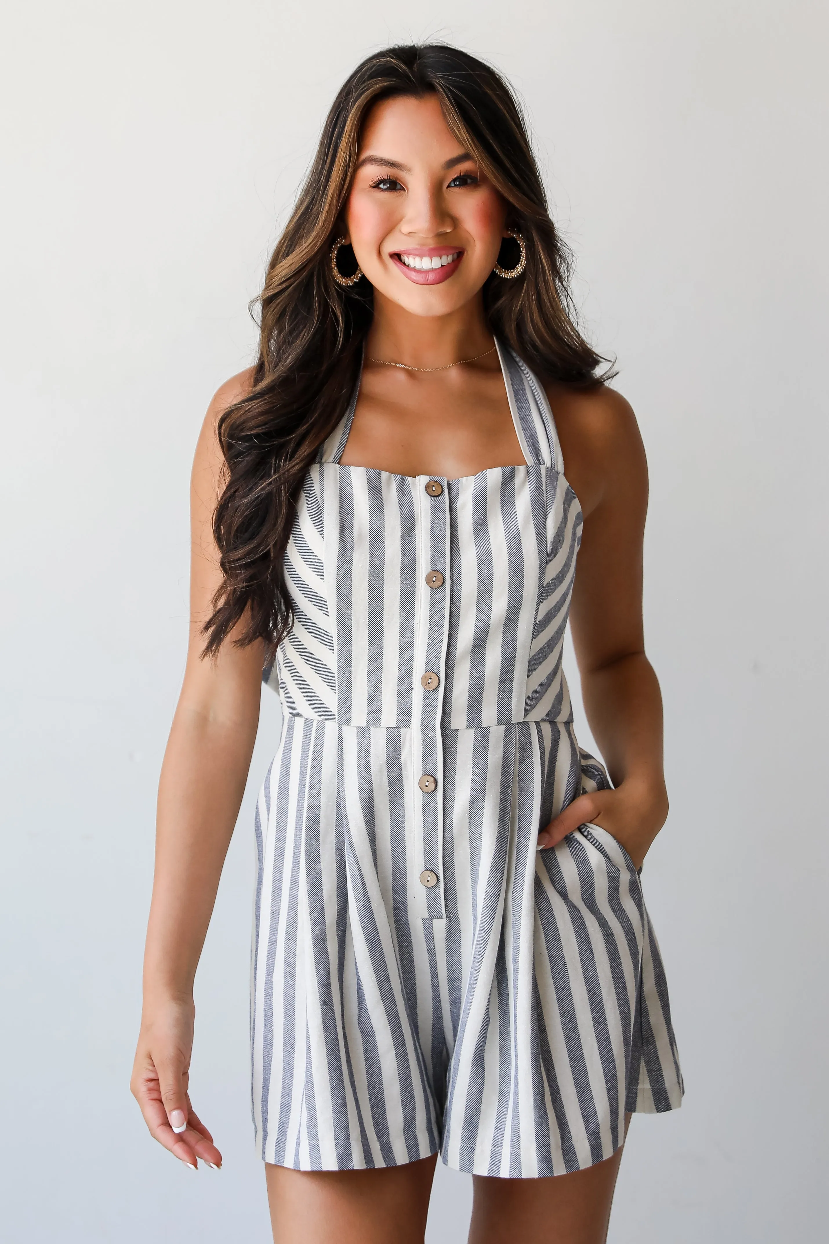 FINAL SALE - So Serene Navy Striped Halter Romper