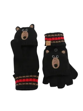 Flap Jack Kids Knit Fingerless Gloves w/ Flap - Black Bear