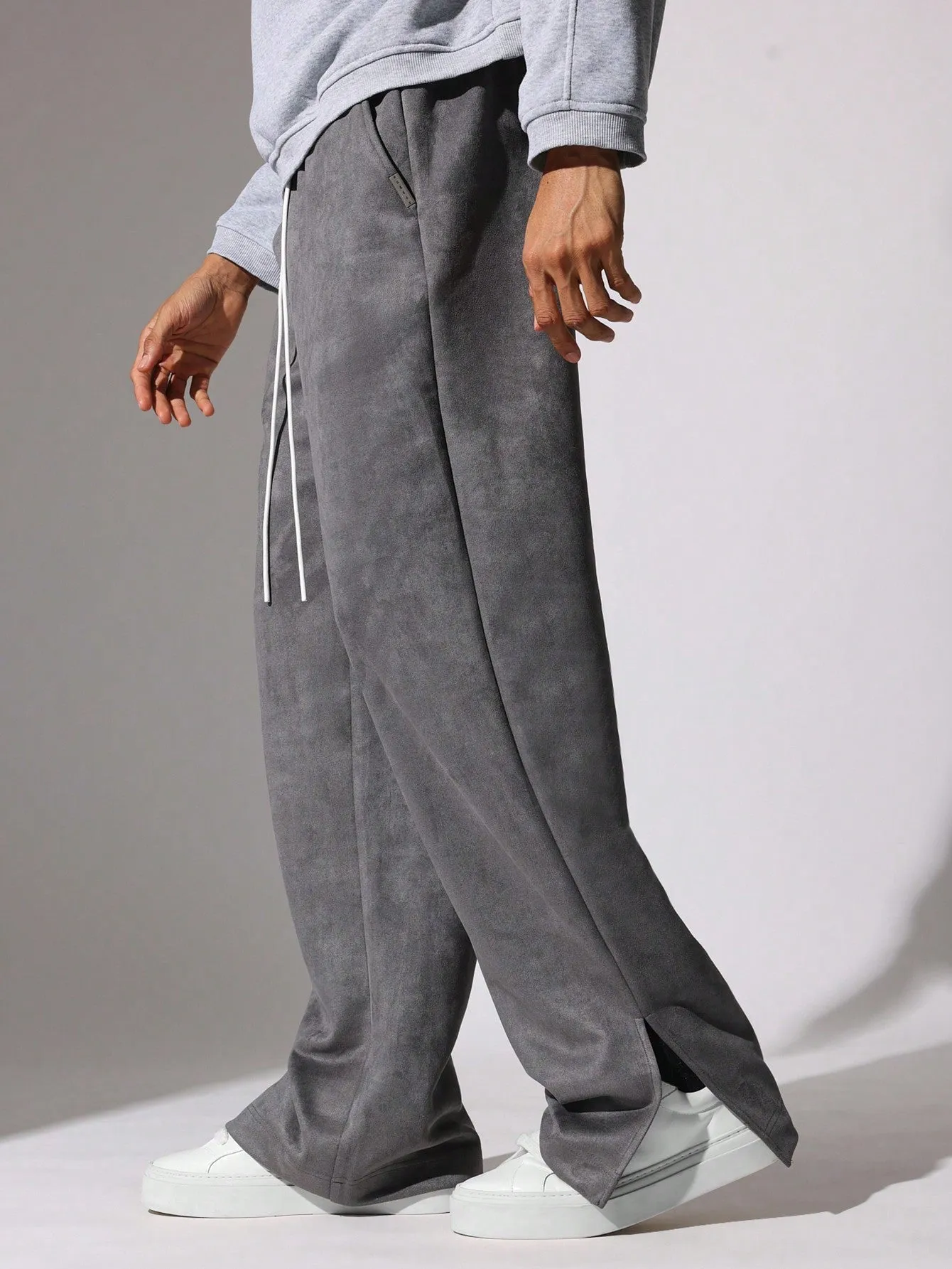 Flare Fit Suedette Essential Sweatpants With Split Hem & Drawstrings