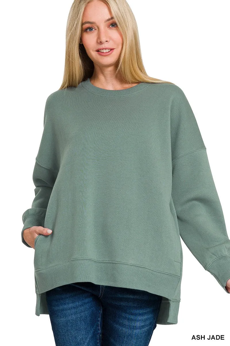 Fleece Hi-Low Boyfriend Sweatshirt with Pockets - Ash Jade