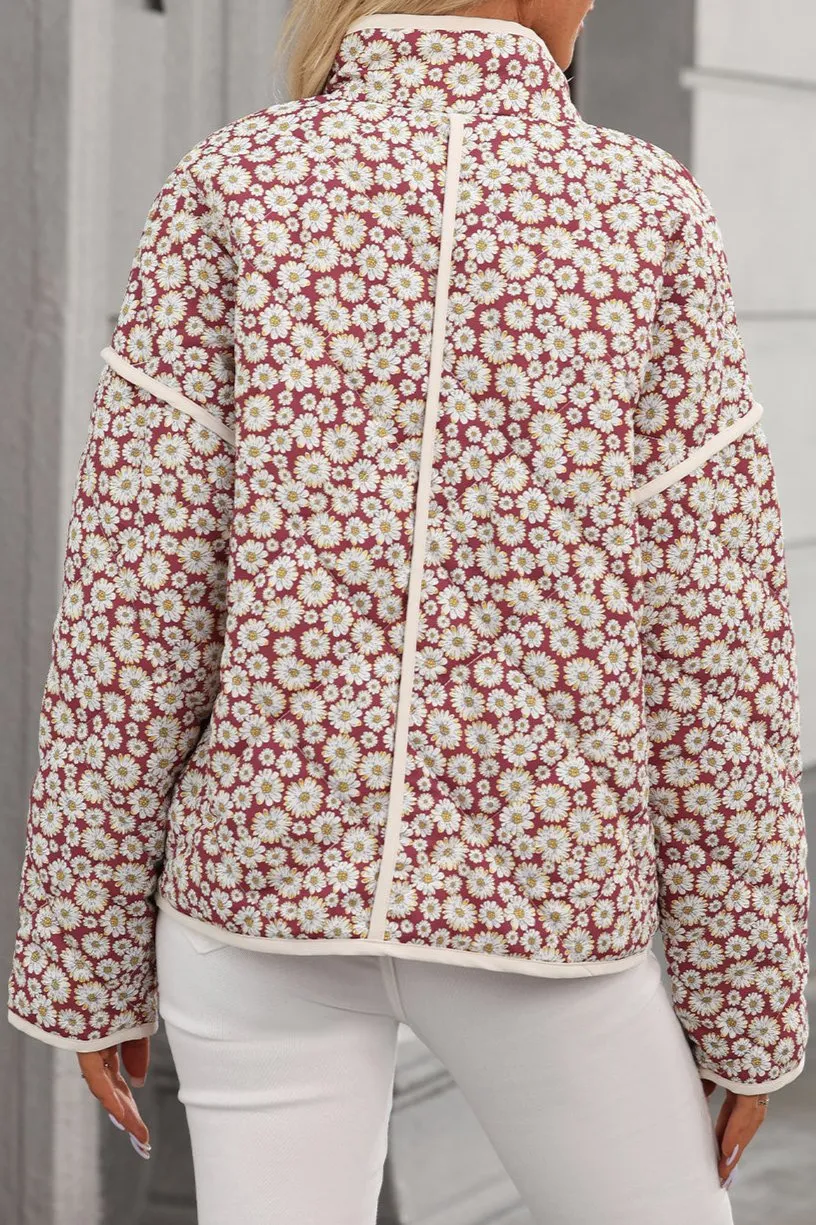 Floral Contrast Trim Buttoned Coat