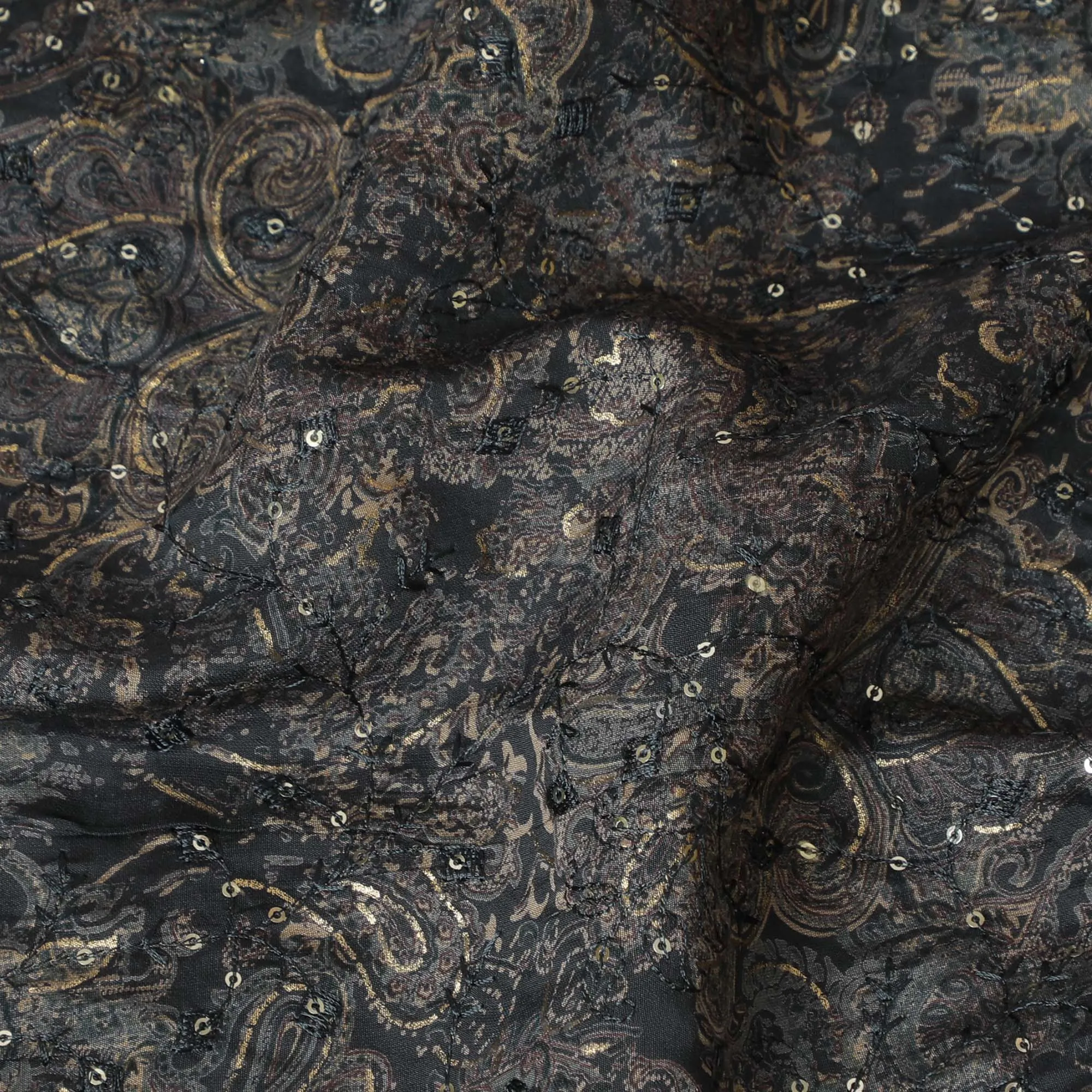 Galactic Noir Embroidered Cotton Blend Fabric - Celestial Paisley, 110cm Width-D18965