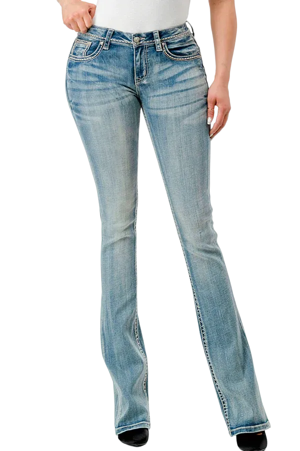 Grace In LA Women's Embroidered Bandana Steerhead Mid Rise Bootcut Jean