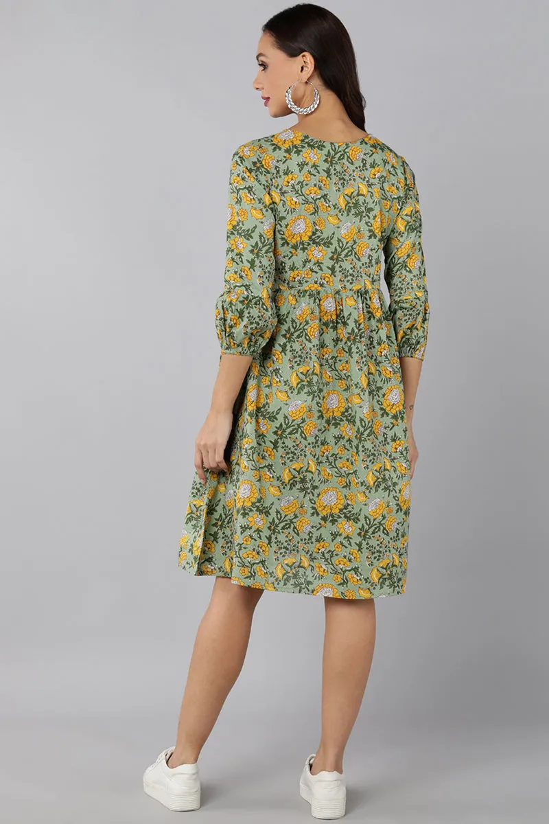 Green Cotton Floral Print Midi Dress