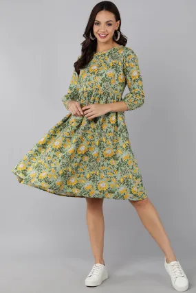 Green Cotton Floral Print Midi Dress