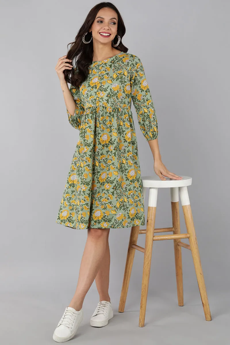 Green Cotton Floral Print Midi Dress