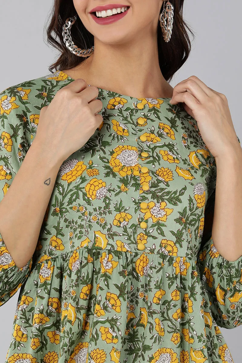 Green Cotton Floral Print Midi Dress