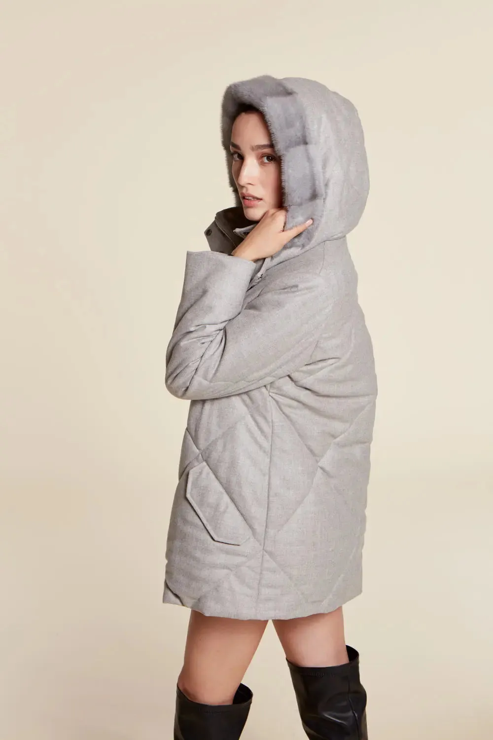 Grey puffer jacket with fur hood