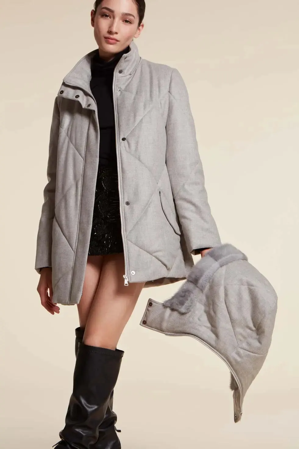 Grey puffer jacket with fur hood