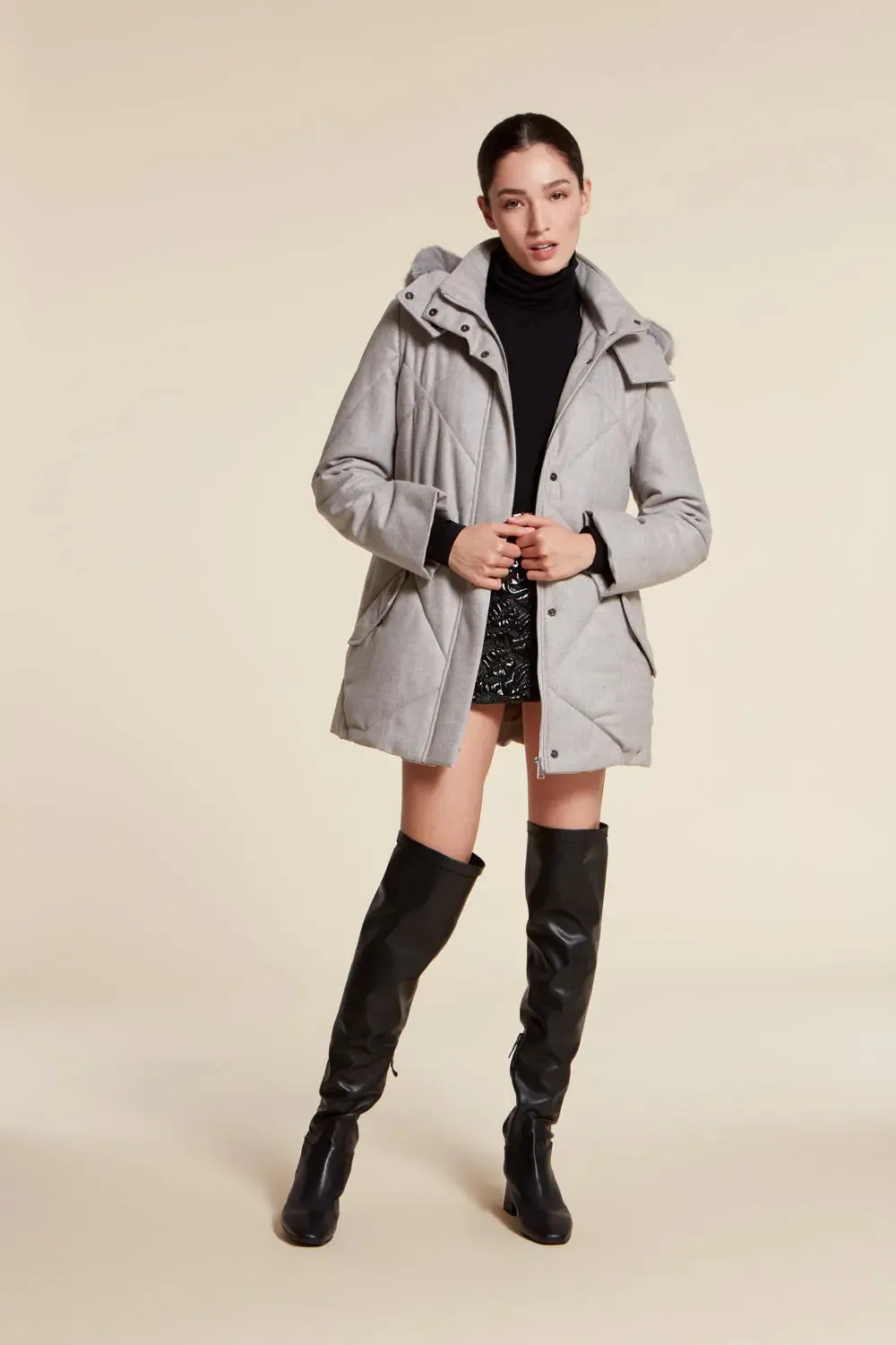 Grey puffer jacket with fur hood