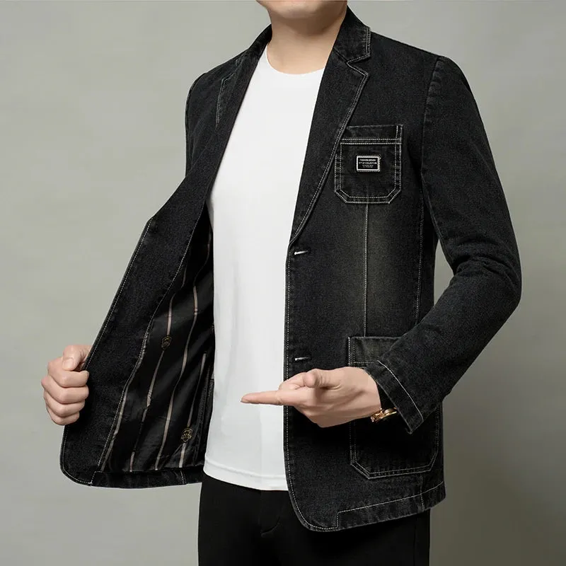 Hnzxzm 2024 New Mens Denim Blazer Coat Fashion Casual Denim Jacket Men Cotton Vintage Black Blue Denim Jacket Coat Men Jeans Blazers