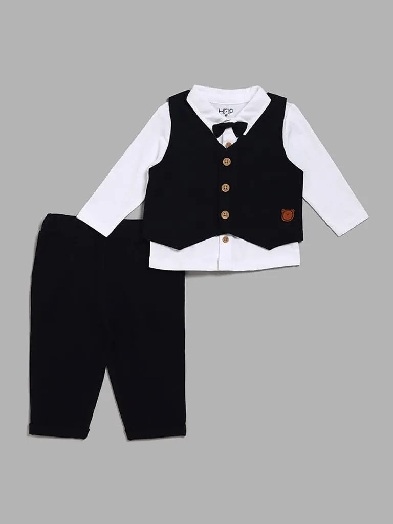 HOP Baby Solid White Shirt with Black Jacket, Pants & Bow Set