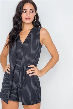 Hot Girl Down To Business Pinstriped Button Down Sleeveless Romper In Navy