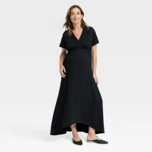 Isabel Maternity Women's Knit V-Neck Maxi Maternity Dress Flutter Sleeve