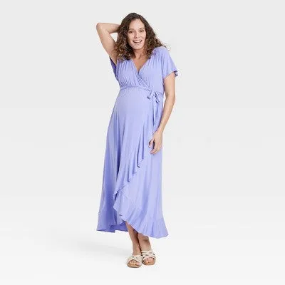 Isabel Maternity Women's Knit V-Neck Maxi Maternity Dress Flutter Sleeve