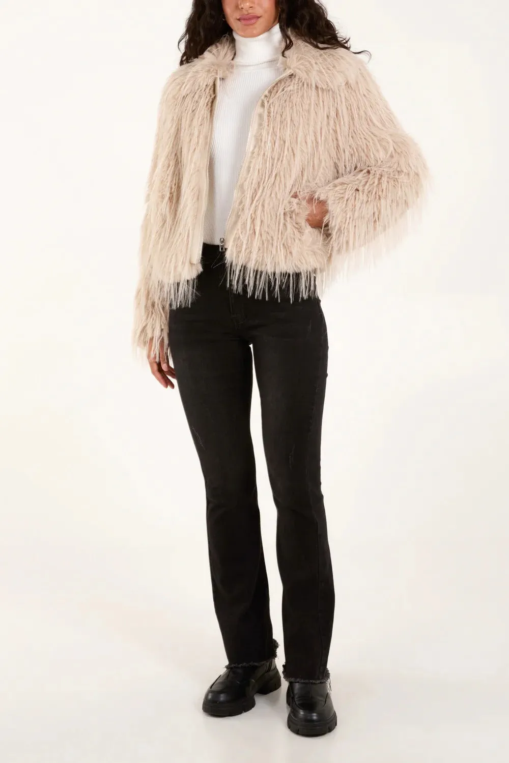 Italian Long Fur Zip Up Cropped Coat