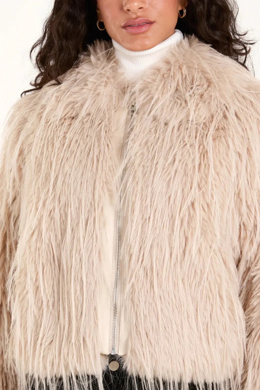 Italian Long Fur Zip Up Cropped Coat