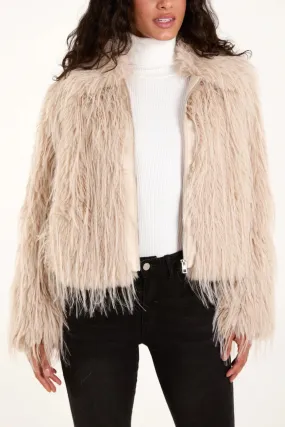 Italian Long Fur Zip Up Cropped Coat