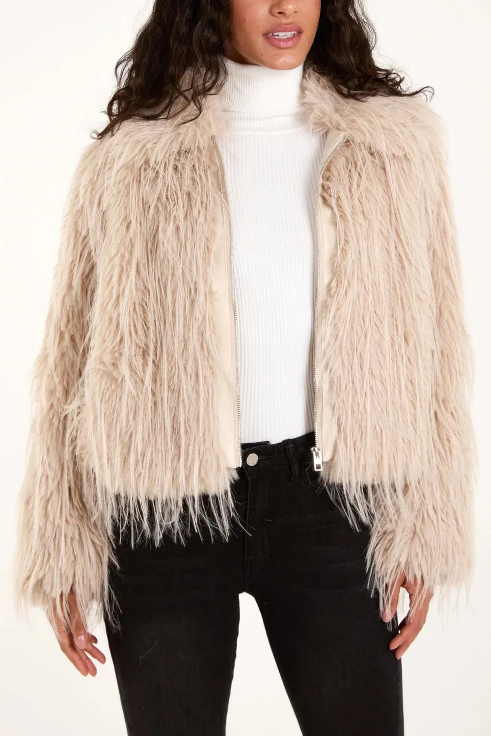 Italian Long Fur Zip Up Cropped Coat