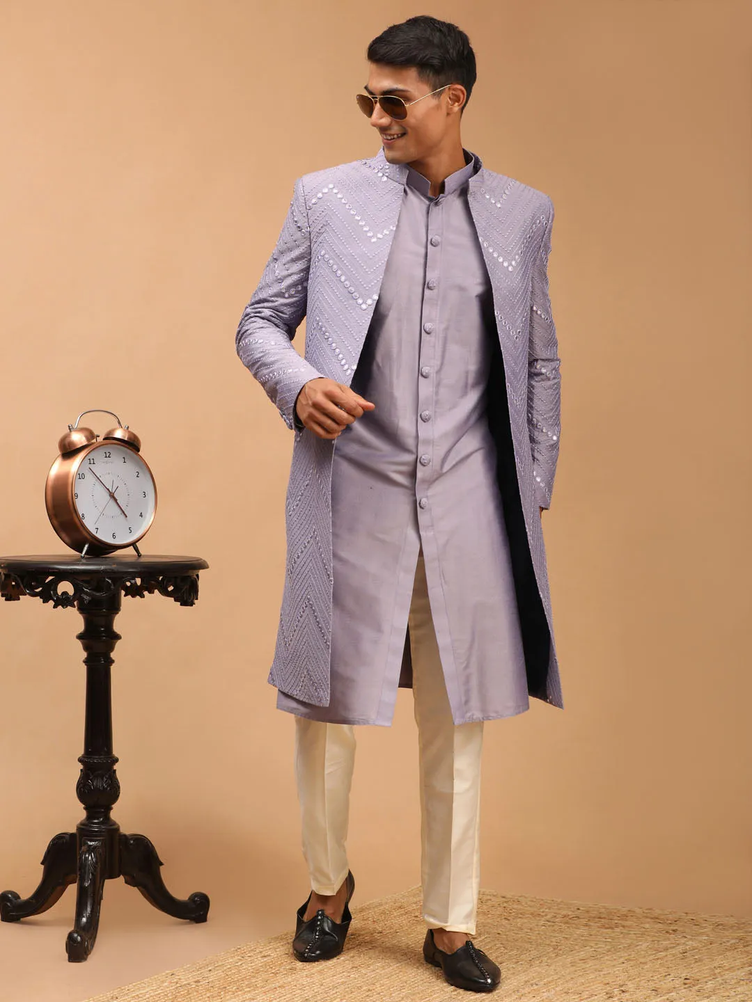 Jashvi Men's Purple Solid Kurta Pant Set With Mirror Over Coat Combo Set