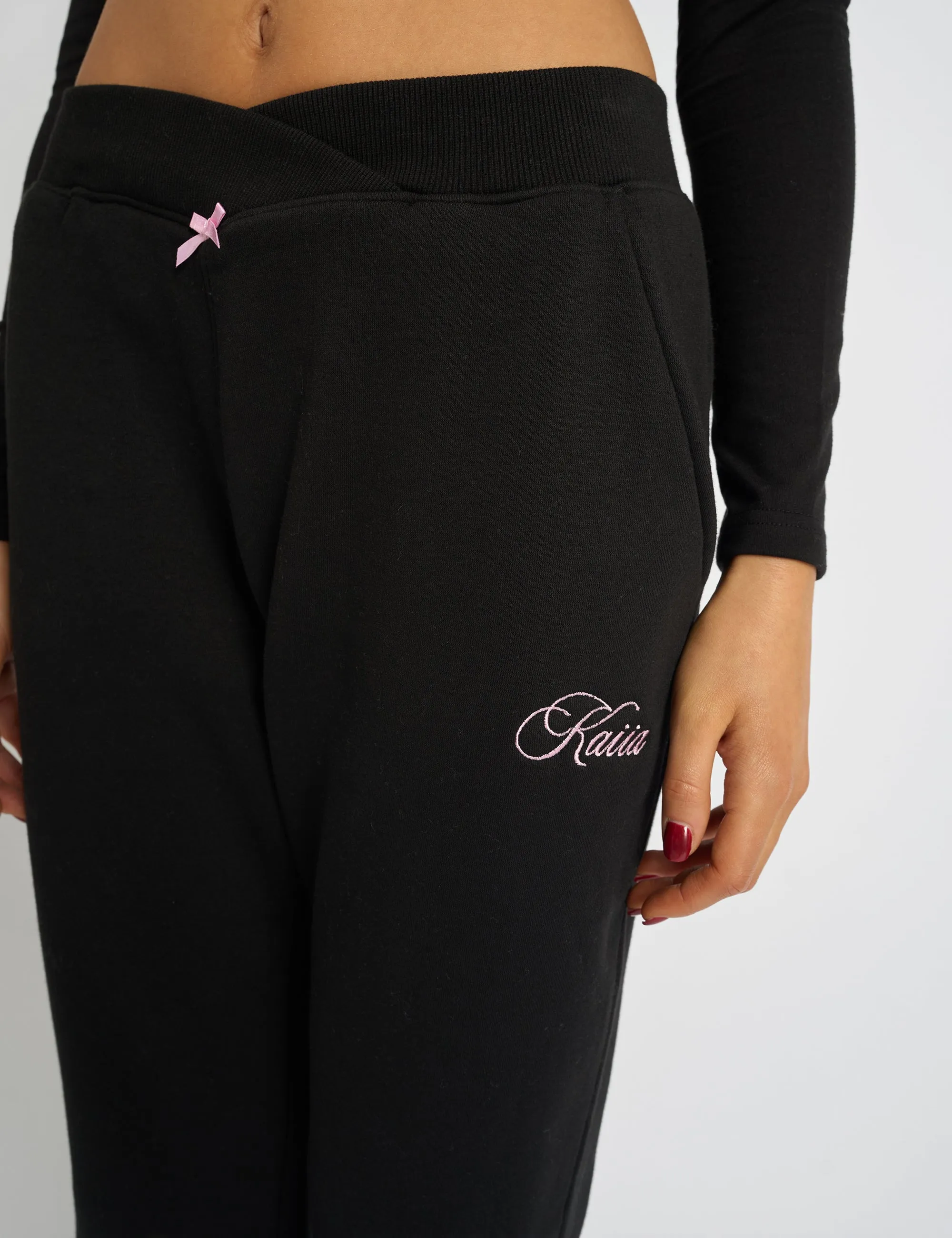 Kaiia Bow Detail Wide Leg Joggers Black & Pink