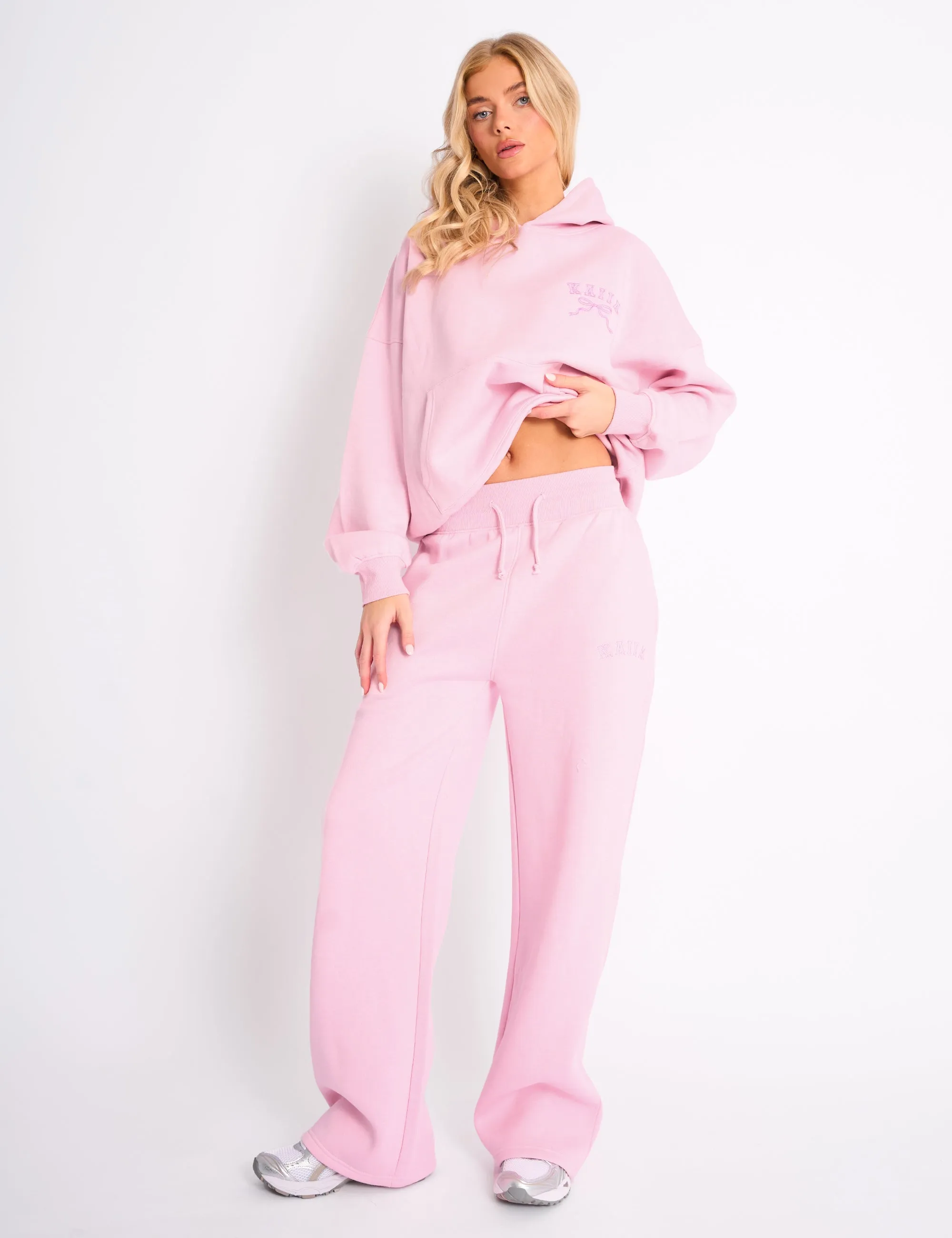 Kaiia Bow Ribbed Waistband Wide Leg Joggers Baby Pink