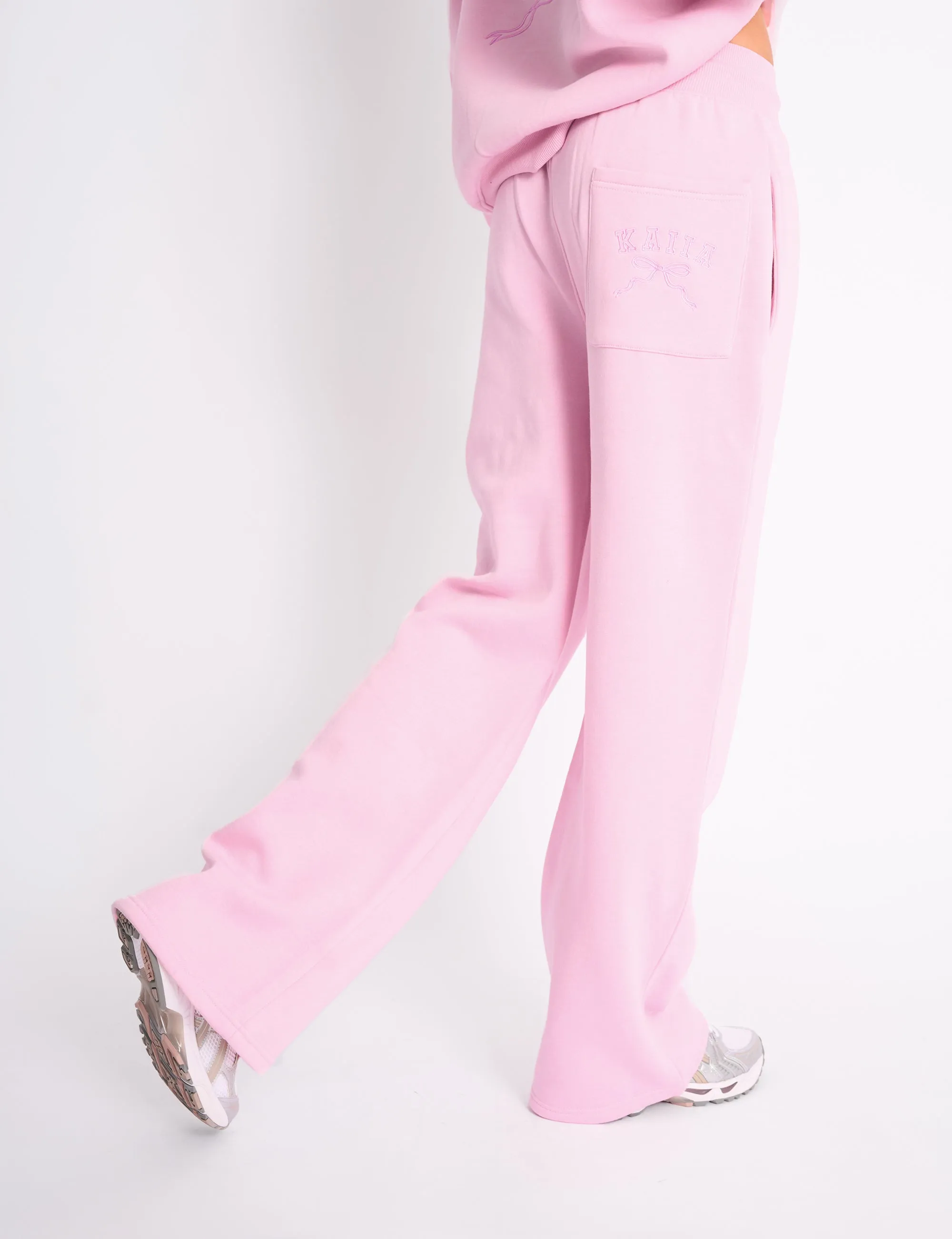 Kaiia Bow Ribbed Waistband Wide Leg Joggers Baby Pink