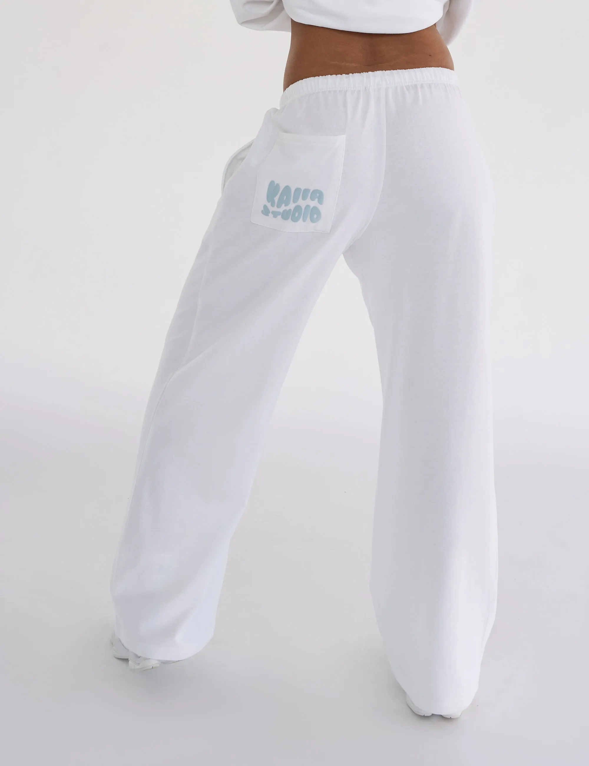 Kaiia Studio Bubble Logo Pocket Wide Leg Sweat Pants White & Blue