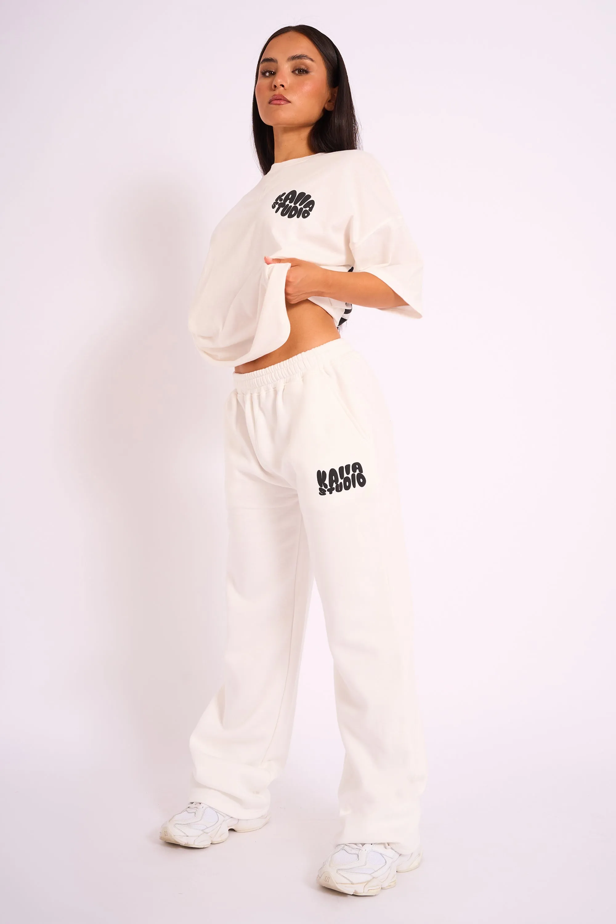 Kaiia Studio Bubble Logo Wide Leg Jogger White & Black