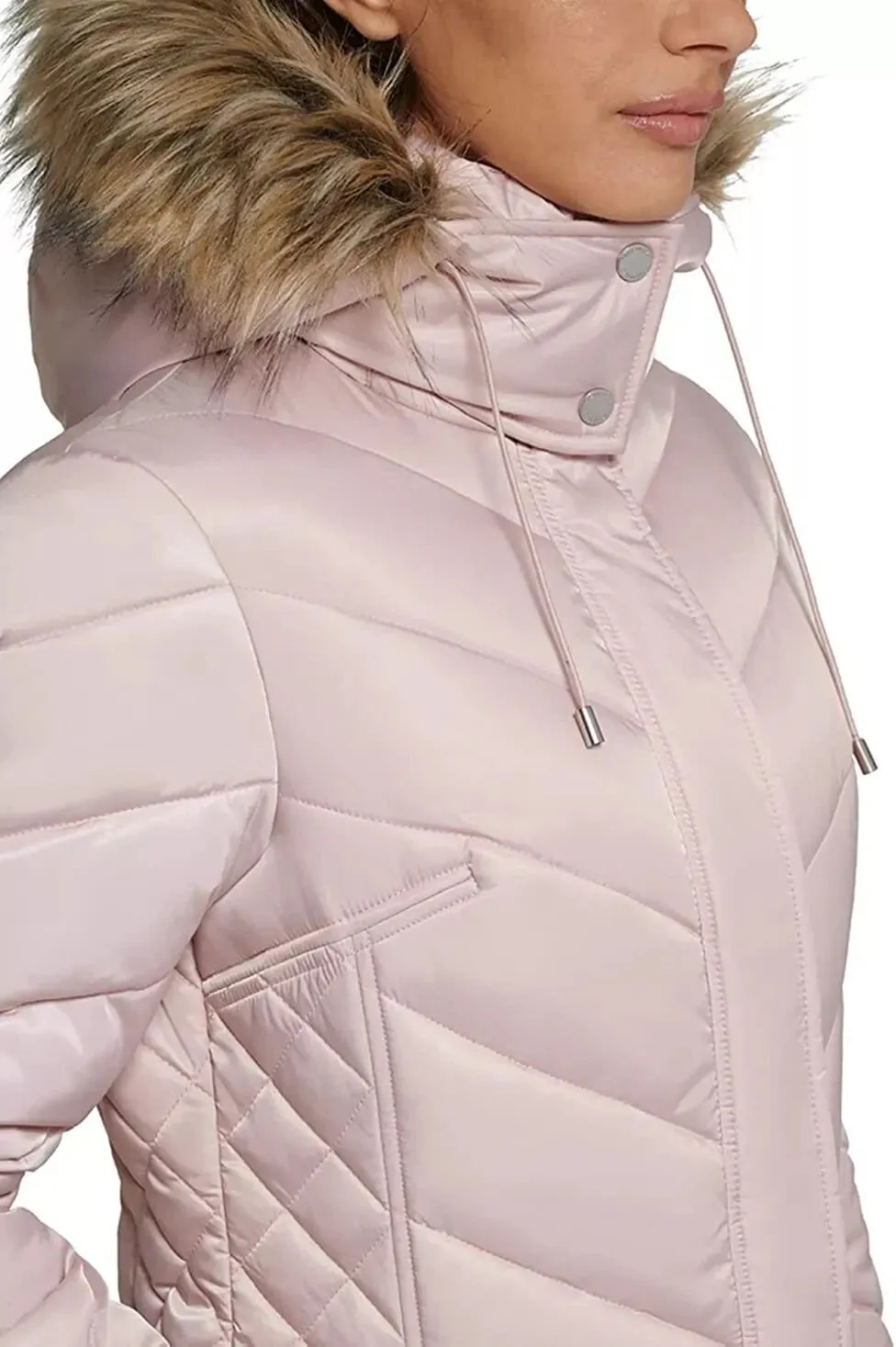 Kenneth Cole Women's Mid-Length Chevron Quilted Puffer Jacket Hooded Coat with Faux Fur Trim