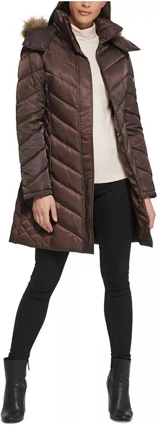 Kenneth Cole Women's Mid-Length Chevron Quilted Puffer Jacket Hooded Coat with Faux Fur Trim