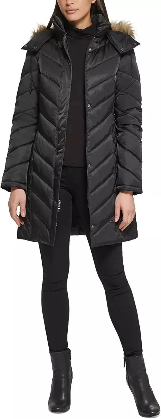 Kenneth Cole Women's Mid-Length Chevron Quilted Puffer Jacket Hooded Coat with Faux Fur Trim