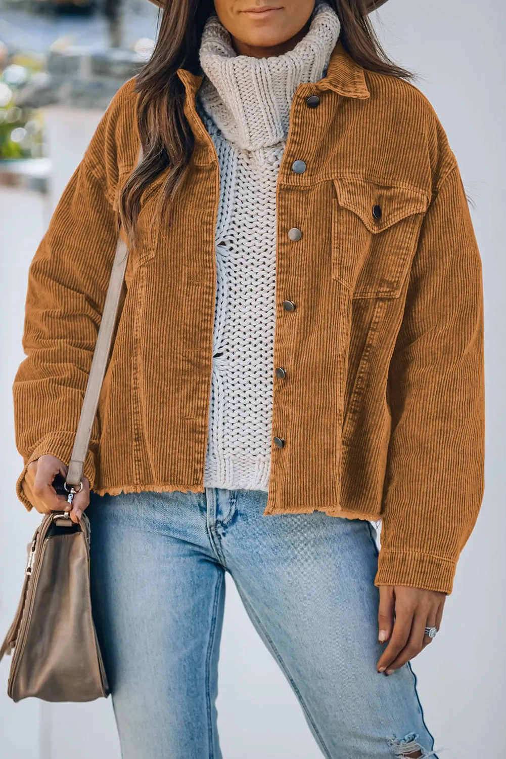 Khaki Corduroy Pocket Buttoned Jacket