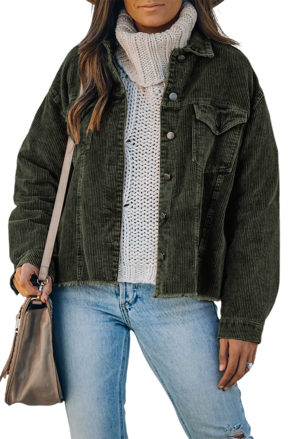 Khaki Corduroy Pocket Buttoned Jacket