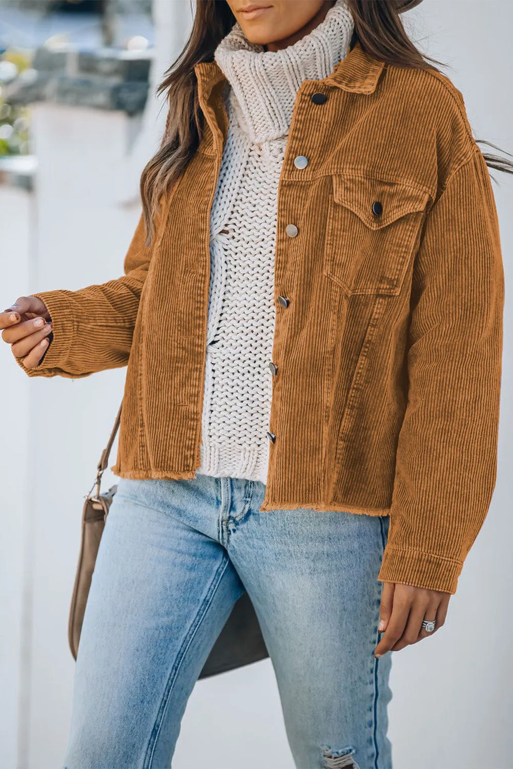 Khaki Corduroy Pocket Buttoned Jacket