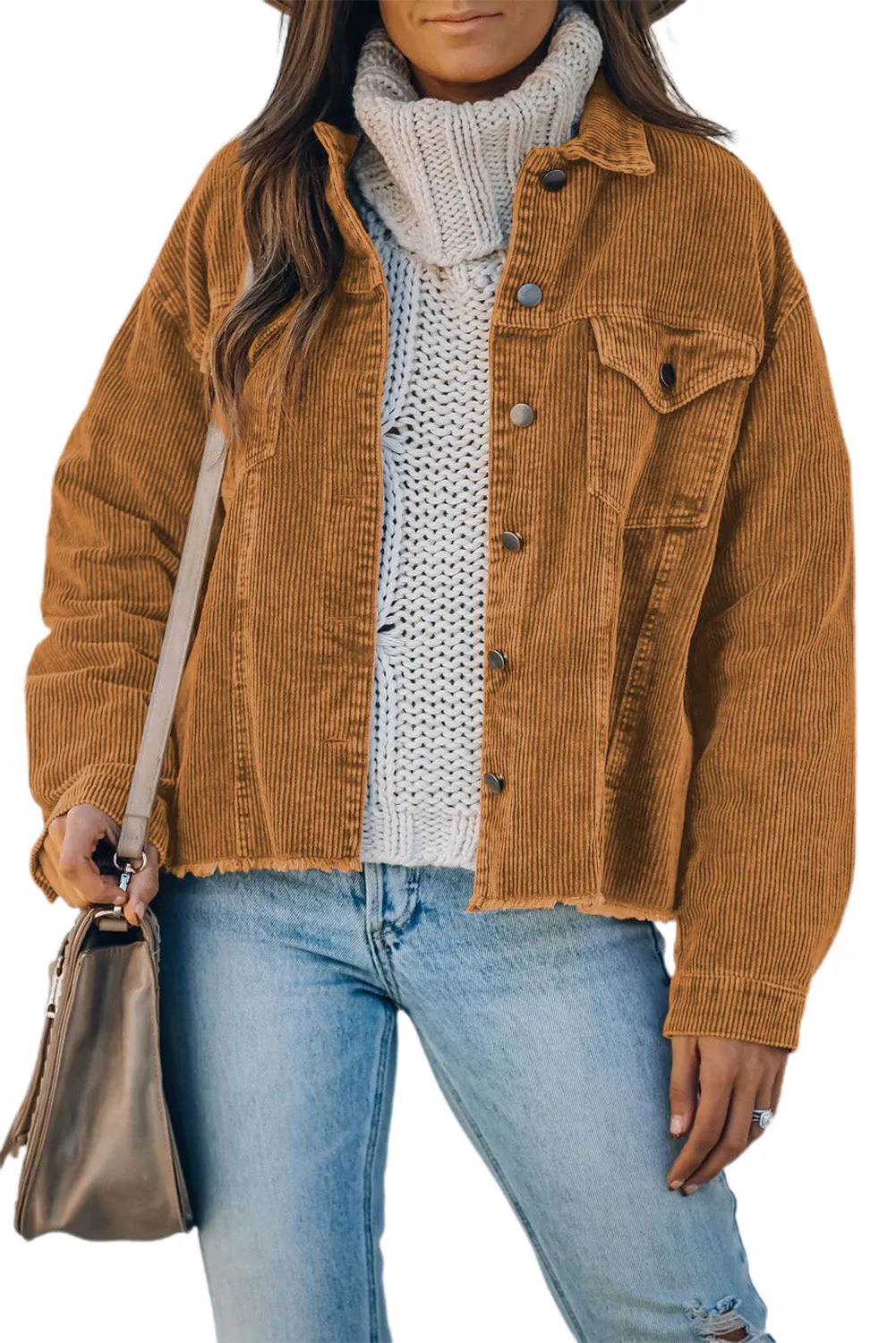 Khaki Corduroy Pocket Buttoned Jacket