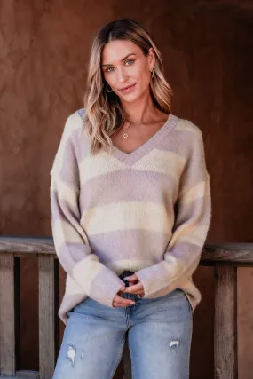 Lavender Striped V Neck Sweater