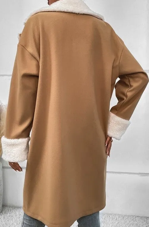 Layered In Style- Knee Length Coat with Sheepskin Like Trim