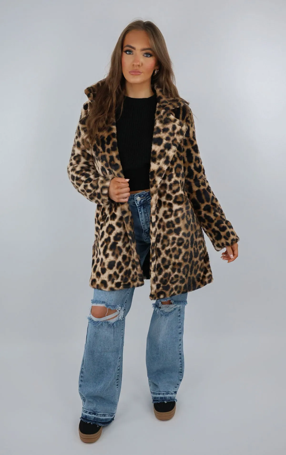 Leopard Print Faux Fur Button Up Coat