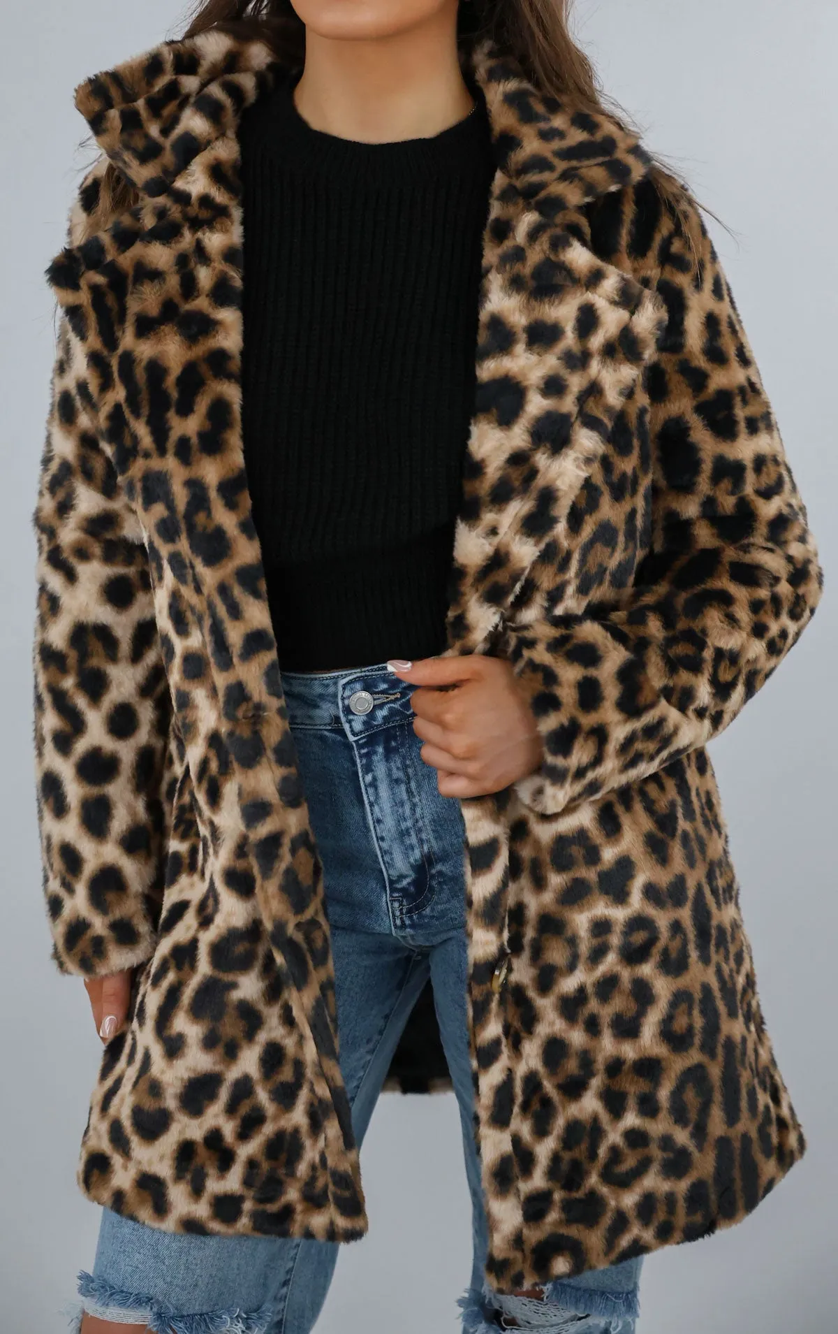 Leopard Print Faux Fur Button Up Coat