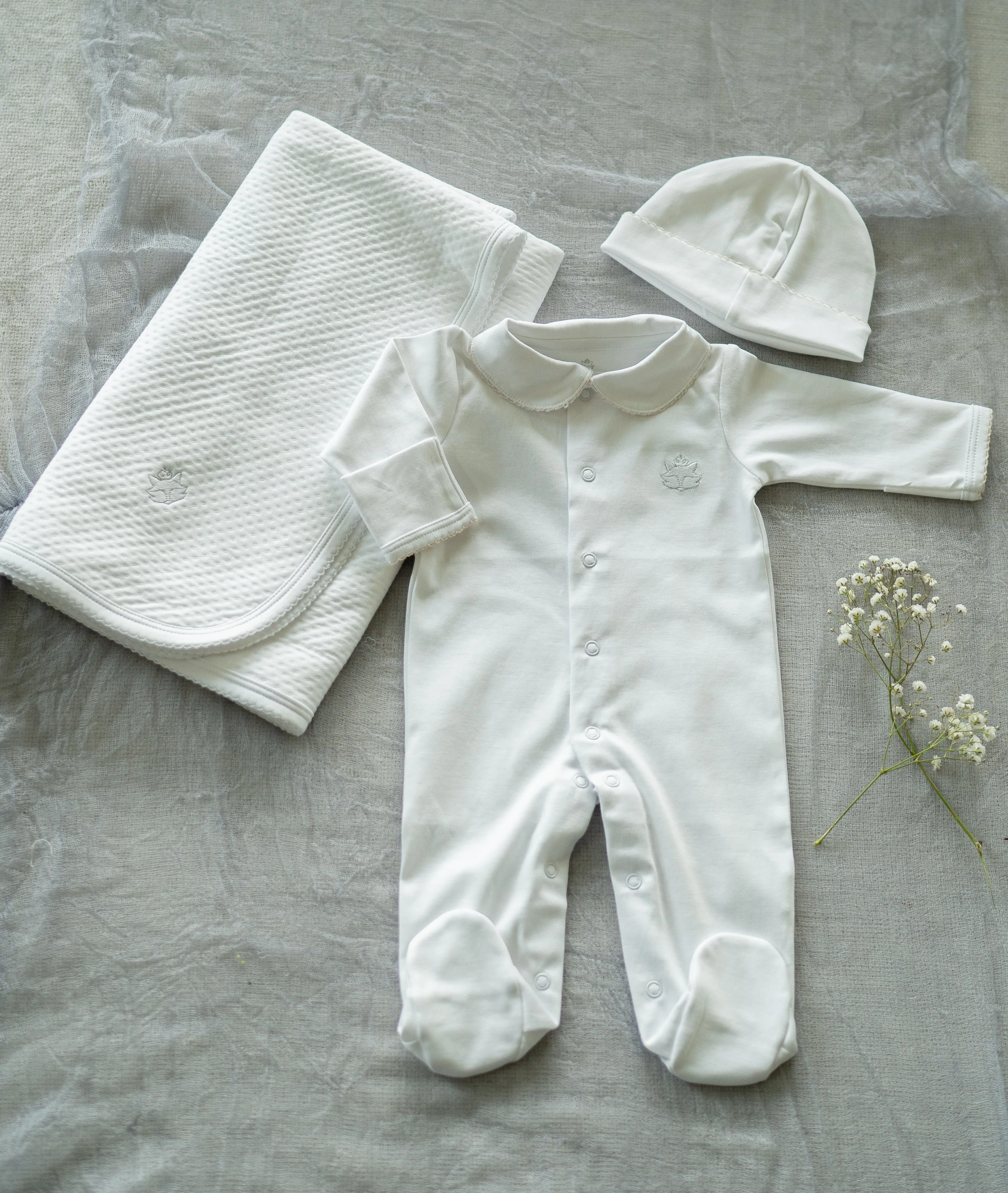 Light Blue Pima Cotton Romper with Hand-Embroidered Neckline | Elegant Baby Outfit