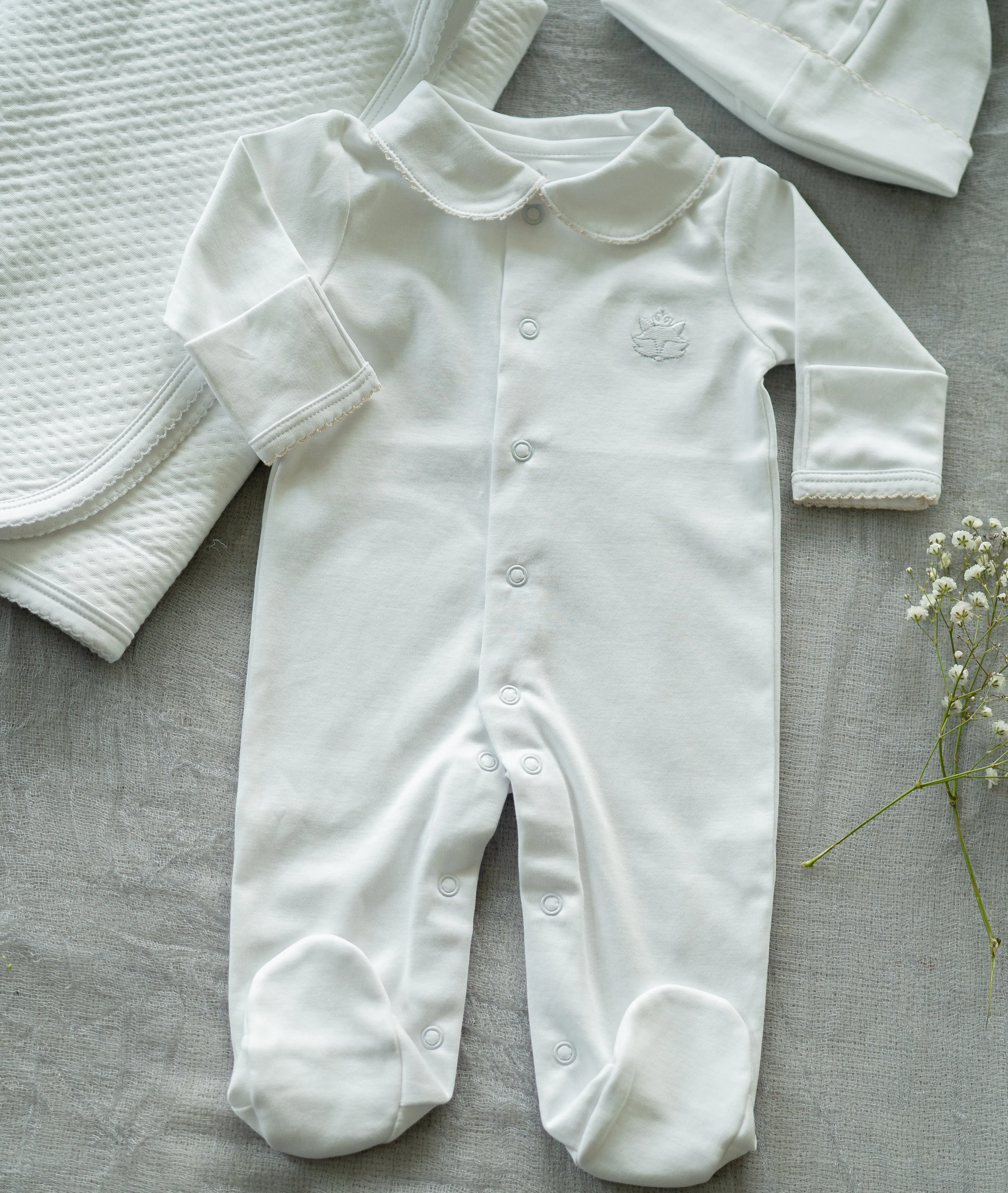 Light Blue Pima Cotton Romper with Hand-Embroidered Neckline | Elegant Baby Outfit