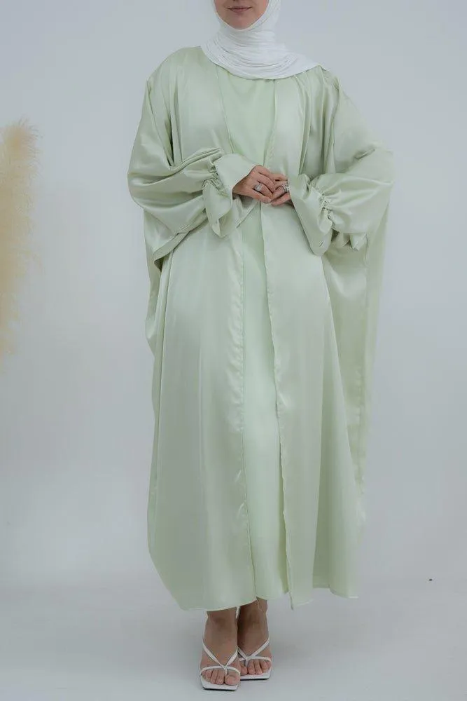 Light green Loves open front maxi satin abaya throw over