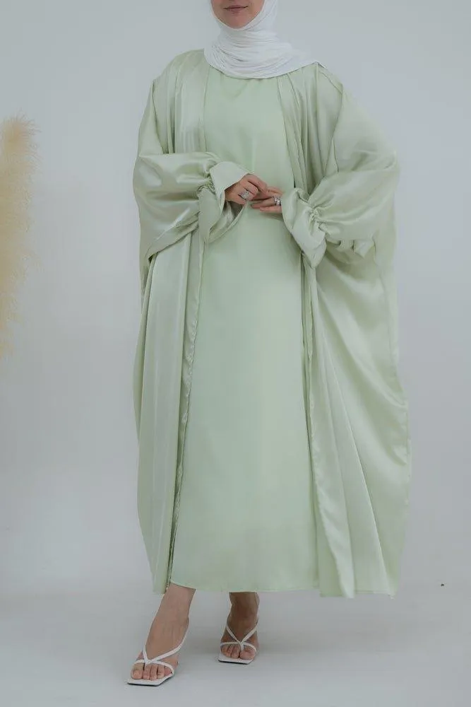 Light green Loves open front maxi satin abaya throw over