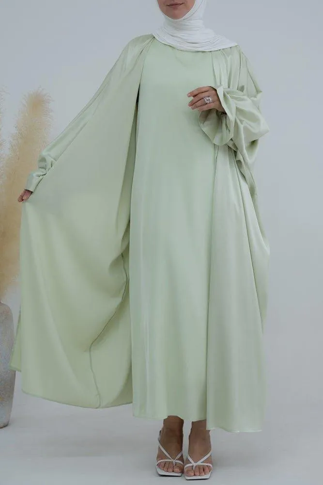 Light green Loves open front maxi satin abaya throw over